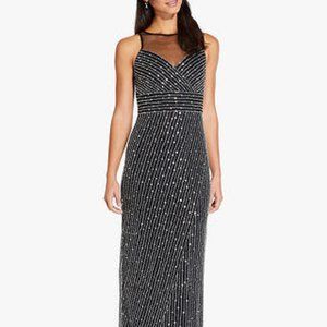 Glamorous!! ADRIANNA PAPELL Sequin Beaded Halter Gown~Black & Silver~Showstopper